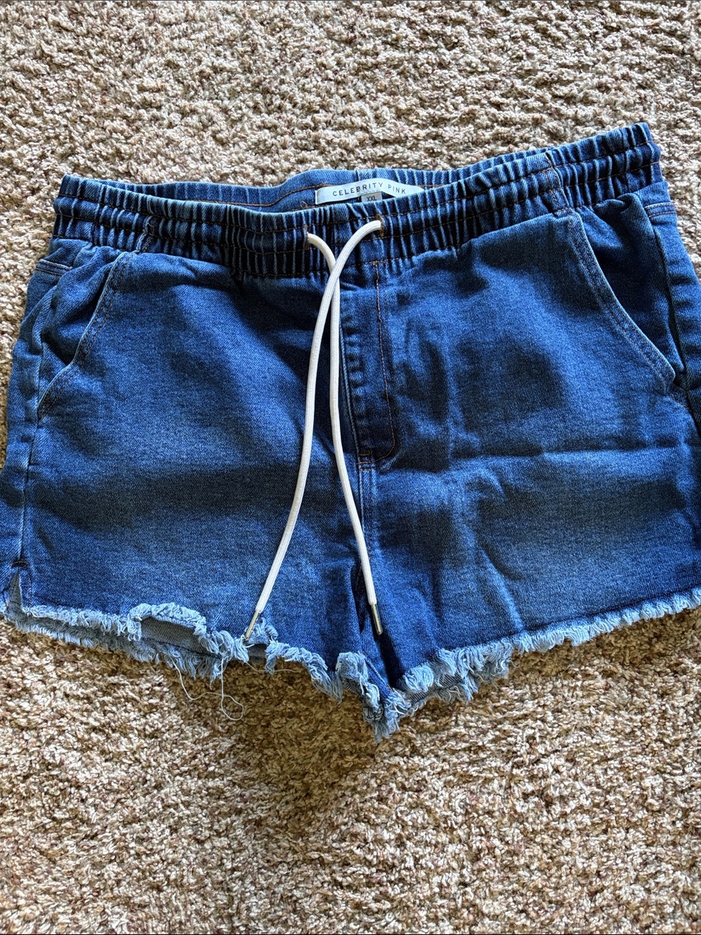 Celebrity Pink Dark Blue Denim Drawstring Frayed Hem Shorts